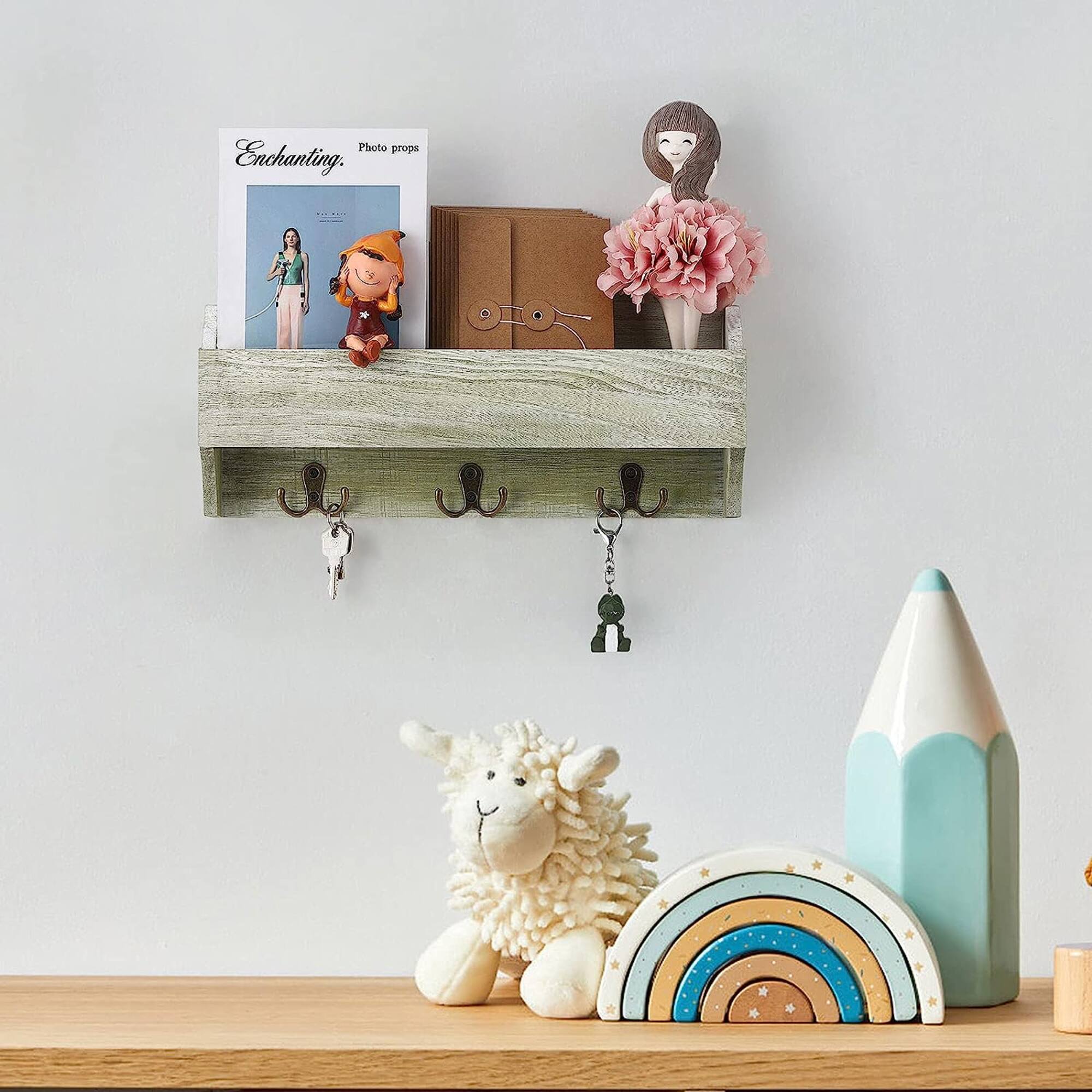 NEX™ Olive Green Wall-Mounted Wooden Key Rack with 3 Double Key Hooks
